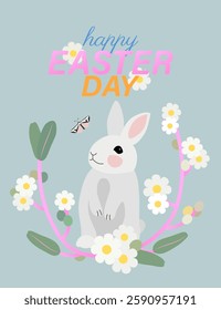 Easter day greeting card with nice rabbit, plant, flower and butterfly on a green background.