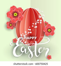 Easter day greeting card, poster, invitation design with blossoms flowers and paper egg, vector illustration