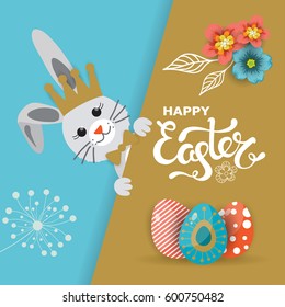 Tarjeta de saludo de Pascua, afiche, diseño de invitación con flores de flores y conejo, conejo, ilustración vectorial
