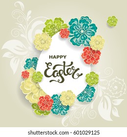 Easter day greeting card, poster, invitation design with blossoms flowers and paper egg, vector illustration