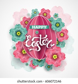 Easter day greeting card, poster, invitation design with blossoms flowers and paper egg, vector illustration