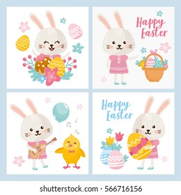 Easter day greeting card set. Illustration with sweet hare and chicken. Easter eggs and other holiday elements.