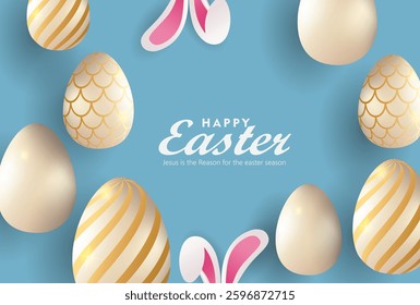 Easter day greeting card vector design. Easter paper cut clouds and eggs, Happy easter clipart poster banner or web background set. Happy easter  collection with colorful abstract bunny, golden eggs.