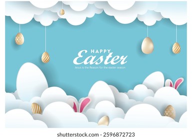 Easter day greeting card vector design. Easter paper cut clouds and eggs, Happy easter clipart poster banner or web background set. Happy easter  collection with colorful abstract bunny, golden eggs.