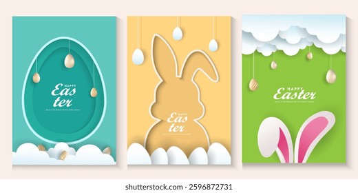 Easter day greeting card vector design. Easter paper cut clouds and eggs, Happy easter clipart poster banner or web background set. Happy easter  collection with colorful abstract bunny, golden eggs.