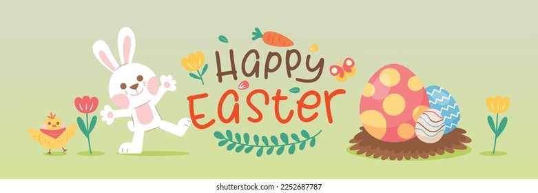 Easter Day Greeting Card With White Rabbit, Chick And Easter Eggs, Vector, Illustration