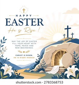  
Easter day. He is Risen. Vector illustration open cave. Empty tomb of Jesus. Easter. Burial Site of Jesus, Sacred Tomb Located Within a Cave Where Jesus Was Laid to Rest, Revered as a Significant Place
