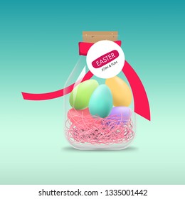 Easter day. Holiday greeting element. Egg colorful and ribbon.