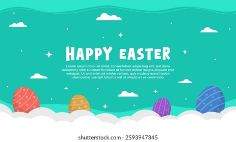 Easter Day horizontal template background with colorful eggs floating on white clouds