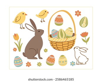 Easter Day Icon Collection, Spring Holiday Symbols, Festive Easter Graphics, Colorful Egg Icons, Bunny and Chick Illustrations, Religious Easter Elements, Holiday Clipart