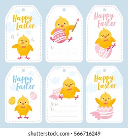 Easter day labels set. Illustration with cute little chicken. Easter eggs and other holiday elements.