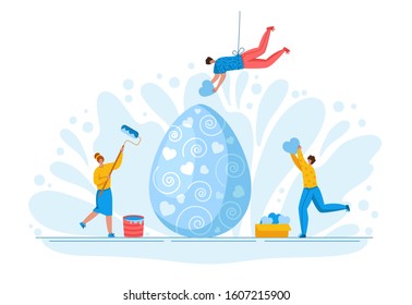 Easter Day - miniature people decorate giant easter eggs, tiny man and woman with macro spring holiday objects, teamwork concept, ideal for banner, website, cards - vector flat or handdrawn characters