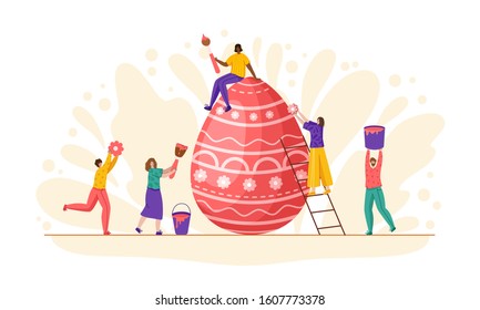 Easter Day - miniature people decorate giant easter eggs, tiny man and woman with macro spring holiday objects, teamwork concept, ideal for banner, website, cards - vector flat or handdrawn characters