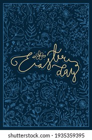 "Easter Day" on the dark blue background with little flower and leaf, hand-written, font style, lettering, calligraphy, doodle