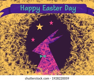 Easter Day, pink rabbit and egg with text Happy Easter Day. Holidays card vivid color vector illustration.