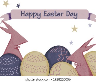 Easter Day, pink rabbit and eggs with text Happy Easter Day. Holidays card pastel color vector illustration.