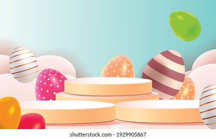 easter day podium show product background and colorful egg paper art 