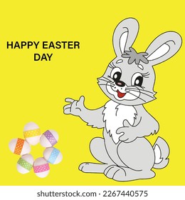 Easter Day post. Rabbit and eggs with yellow background vector illustration.