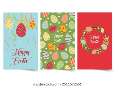 Easter day postcards concept in the flat cartoon design. Three bright Easter cards with painted eggs and ribbons on different colored backgrounds. Vector illustration.