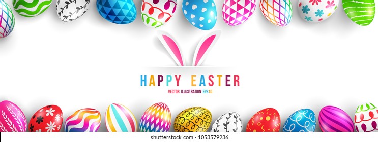 Easter Day Poster or banner template with Colorful Painted Easter Eggs.Easter eggs with different texture.Vector illustration EPS10