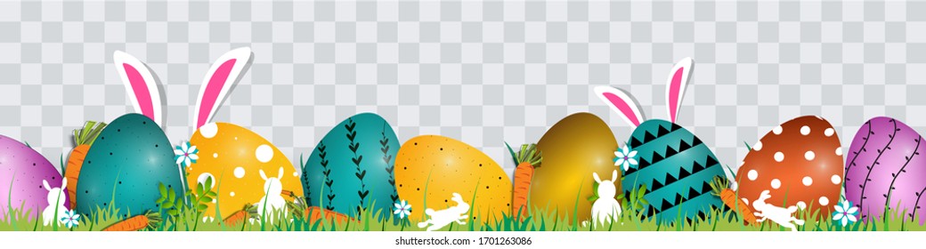 Easter Day Poster or banner template with Colorful Painted Easter Eggs. Easter eggs with different texture. Vector illustration