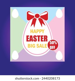 The Easter day poster features a delightful blend of pastel colors, showcasing whimsical Easter symbols like decorated eggs, cute bunnies, and blooming flowers. The design exudes a festive and joyful 