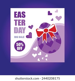 The Easter day poster features a delightful blend of pastel colors, showcasing whimsical Easter symbols like decorated eggs, cute bunnies, and blooming flowers. The design exudes a festive and joyful 