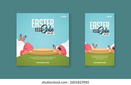 Easter day promotion banner, discount post, sale template design with clouds, rabbit ear, egg vector