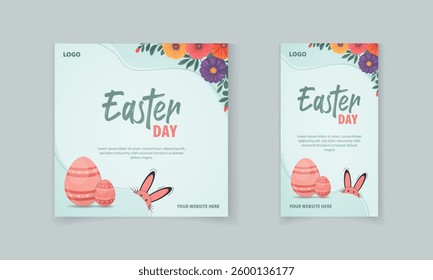 Easter Day promotion square banner template design with flowers, rabbit ears for social media post