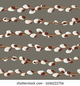 Easter Day - Pussy Willow Christianity Seamless Pattern on gray background, branches ornament - background or endless texture for textile, wrapping or scrapbooking paper - vector