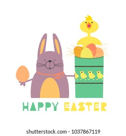 Easter day rabbit bunny, chicken, eggs. Happy christian sunday holiday icon. Fancy hand drawn letters. Comic cute flat cartoon. Colorful egg baby hen, hare. Decorative fun element. Vector illustration