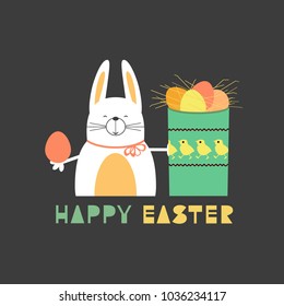 Easter day rabbit bunny, eggs in box. Happy christian sunday holiday poster. Fancy hand drawn letters. Comic cute retro cartoon. Colorful egg stmbol. Decorative fun greeting card. Vector illustration