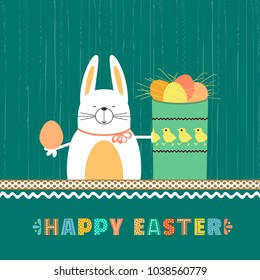 Easter day rabbit bunny, eggs in box. Happy christian sunday holiday poster. Fancy hand drawn letters. Comic cute retro cartoon. Colorful egg stmbol. Decorative fun greeting card. Vector illustration