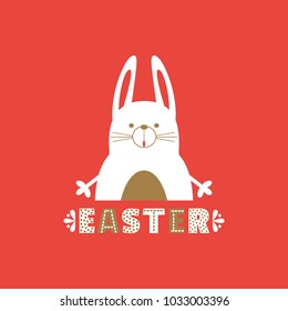 Easter day rabbit bunny. Happy holiday poster. Fancy hand drawn ornate letters. Comic cute red white retro style. Decorative greeting card design. Festive event banner background. Vector illustration