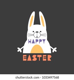 Easter day rabbit bunny. Happy holiday poster. Fancy hand drawn letters. Comic cute retro cartoon. Minimalism design. Decorative fun greeting card. Festive event banner background. Vector illustration