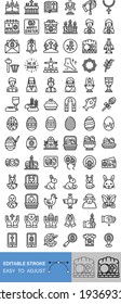 Easter day related church, gift box, candles, cross sign, cake, food, rabbit, nesting, calendar, sheep, envelope, bible, eggs, hands, feet, hammer, ticket, and characters vector in lineal style