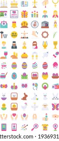 Easter day related church, gift box, candles, cross sign, cake, food, rabbit, nesting, calendar, sheep, envelope, bible, eggs, hands, feet, hammer, ticket, and characters vector in flat style