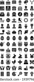 Easter day related church, gift box, candles, cross sign, cake, food, rabbit, nesting, calendar, sheep, envelope, bible, eggs, hands, feet, hammer, ticket, and characters vector in solid design