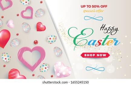 Easter day sale background with  hearts and eggs.   Can be used for template, banners, wallpaper, flyers, invitation, posters, brochure, voucher discount. Vector illustration - Images vectorielles