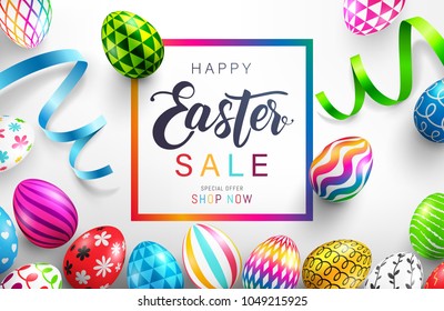 Easter Day Sale banner background template with Colorful Painted Easter Eggs.Easter eggs with different texture.Vector illustration EPS10