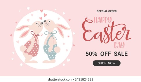 Banner de venta del Día de Pascua con un lindo conejito de pareja de amantes. Ilustración, vector