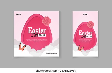 Easter day sale discount social media post and story template design with clouds, rabbit, flower