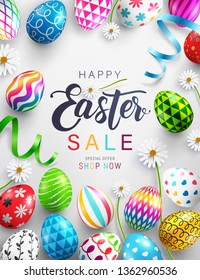 Easter Day Sale Poster or banner template with Colorful Painted Easter Eggs.Easter eggs with different texture.Vector illustration EPS10