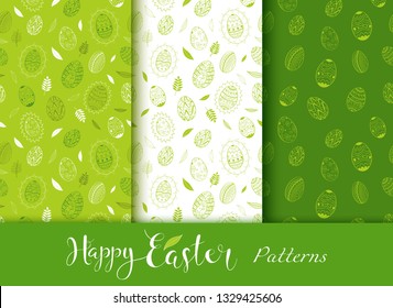Easter Day seamless green hand drawn patterns with hand drawn doodle eggs and organic elements. Vector.
