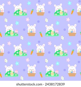 Easter Day seamless kids pattern cute hand drawn bunny play egg hunt background vector illustration
