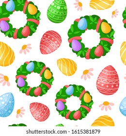 Easter Day - seamless pattern with easter eggs and floral holiday wreathes and flowers on white, decorative background or endless texture for textile, fabric, wrapping or scrapbooking paper - vector