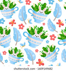 Easter Day - seamless pattern with funny cartoon rabbit or bunny in tea cup, feathers and flowers on white, background or endless texture for textile, fabric, wrapping or scrapbooking paper - vector