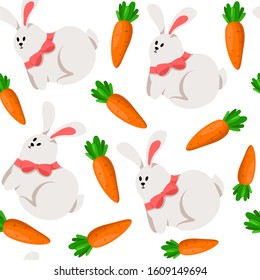 Easter Day - seamless pattern with funny cartoon rabbit, happy easter bunny, carrots on white, holiday background or endless texture for textile, fabric, wrapping or scrapbooking paper vector pattern