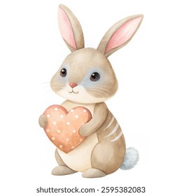 Easter day. Small lovely rabbit holds love heart. illustration vector isolated with a white background.