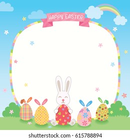Easter day template decorated with white rabbit and easter eggs on natural background.